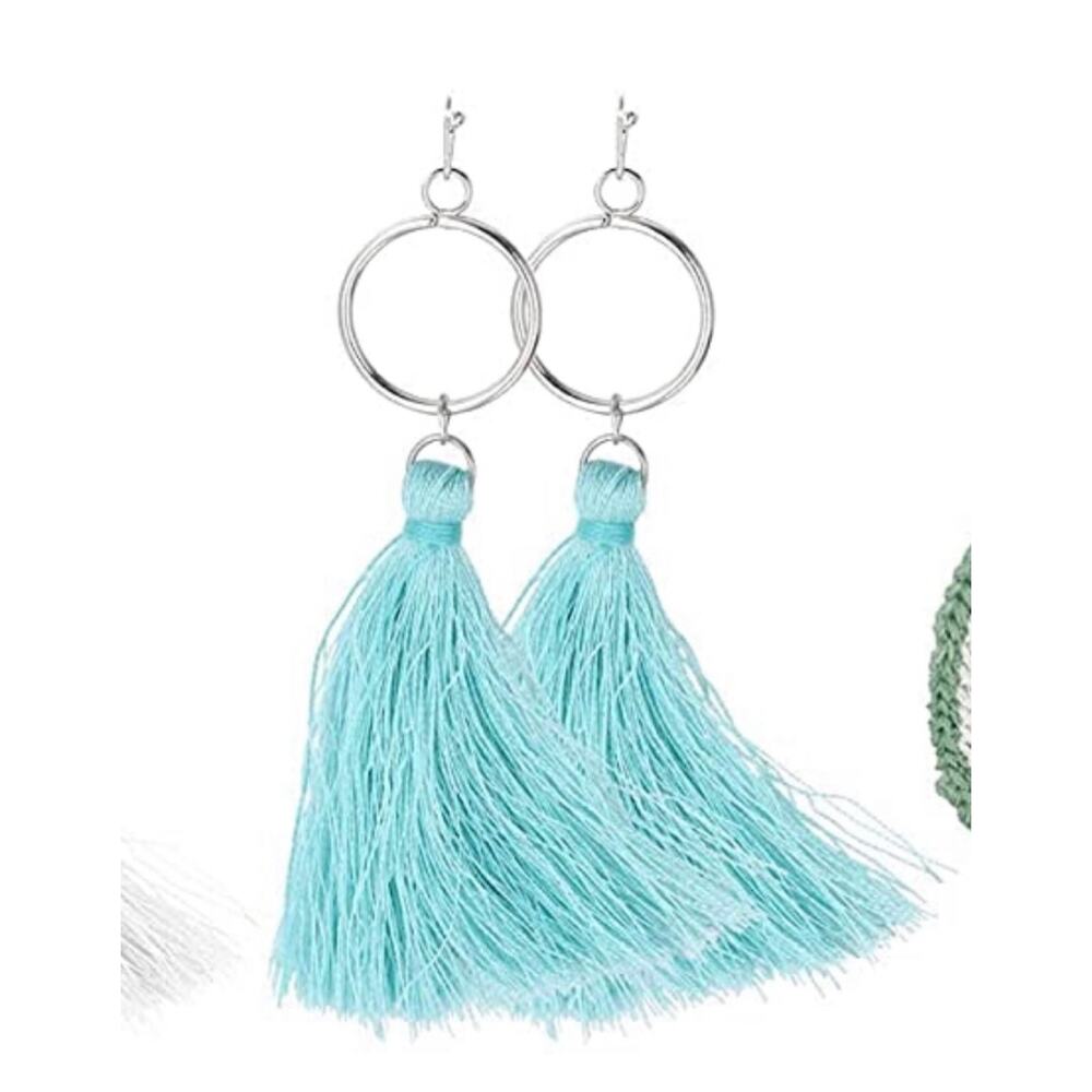 Silver Circle Turquoise Tassel Earrings